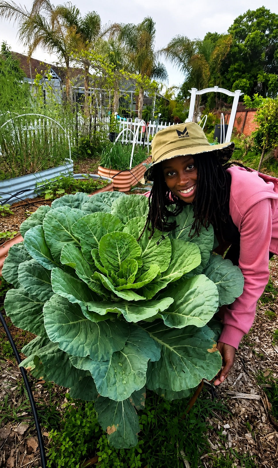 Toni crouched in her raised beds beside a collard plant almost as wide as she is