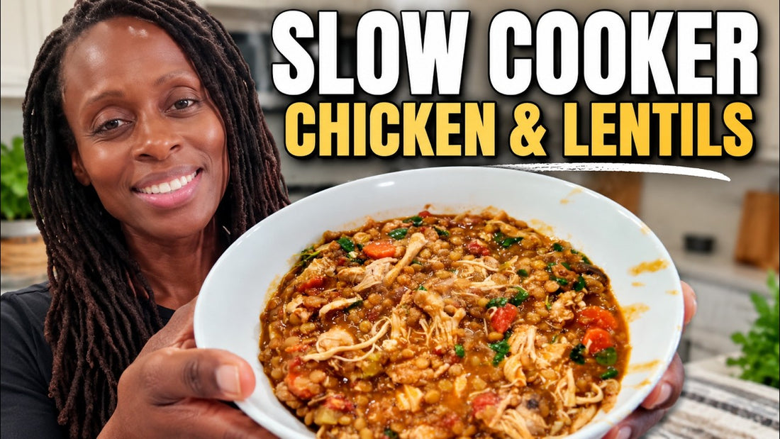 Slow cooker chicken and lentil stew with moringa in a white bowl