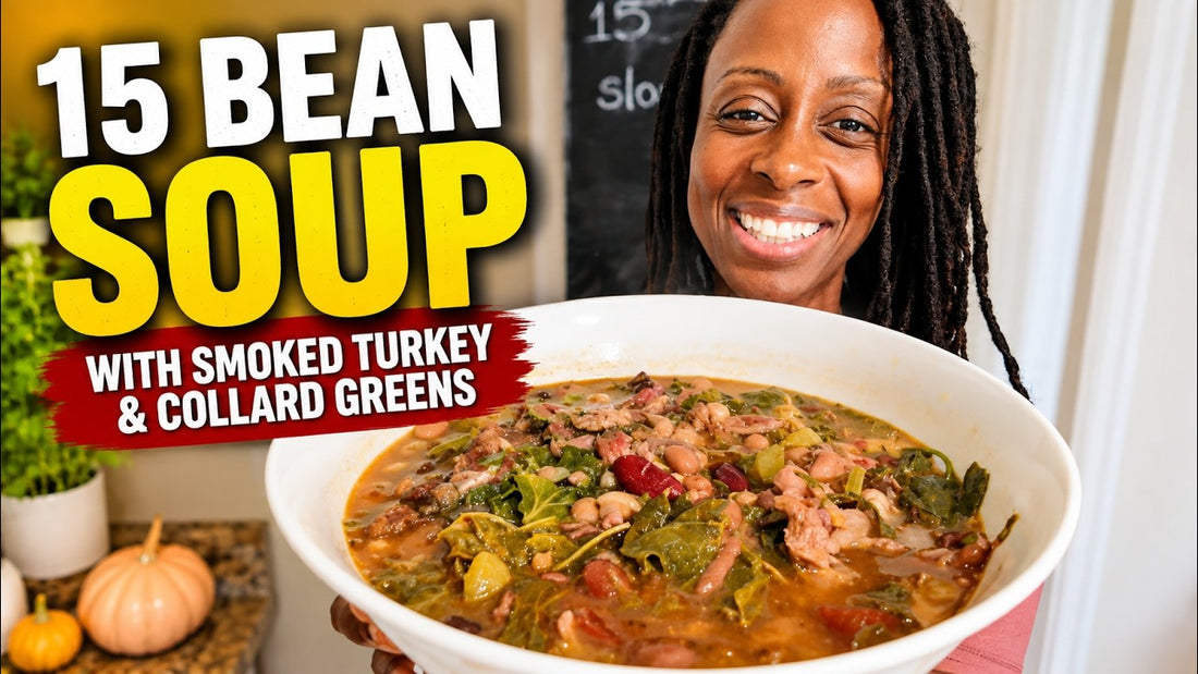 Slow cooker 15 bean soup with collard greens and smoked turkey necks