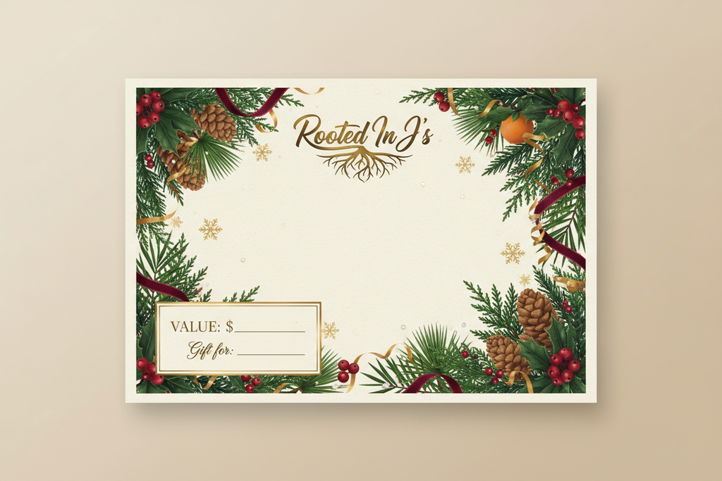 holiday garden gift card with my logo rooted in j's 