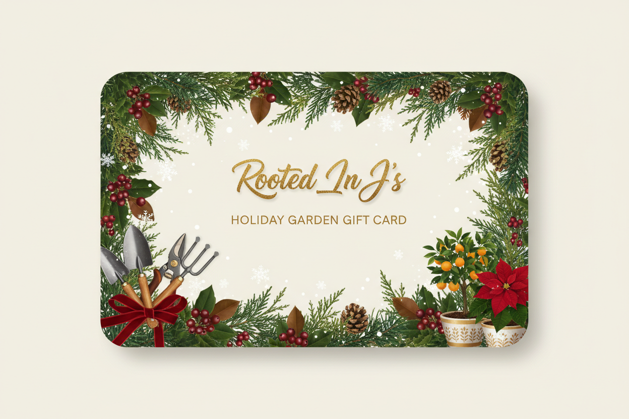 holiday garden gift card with my logo rooted in j's 